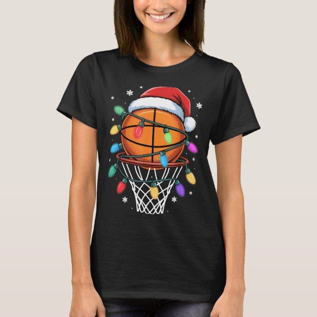 T-shirt Christmas Basketball Santa Hat Xmas Light Basketba (Devant)