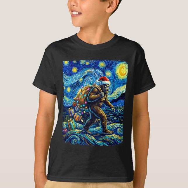 T-shirt Christmas Bigfoot Santa Hat Van Gogh Starry Night  (Devant)