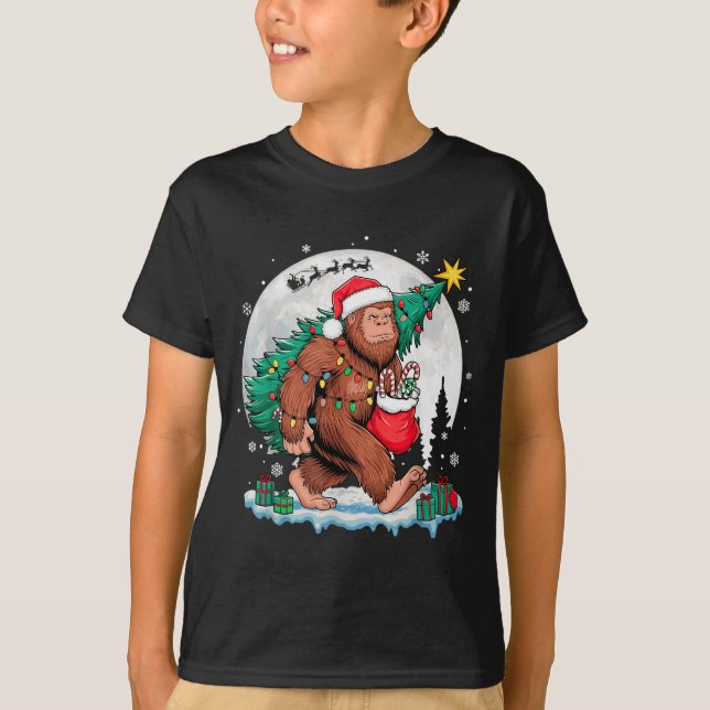 T-shirt Christmas Bigfoot Santa Tree Sleigh Moon Funny Xma (Devant)