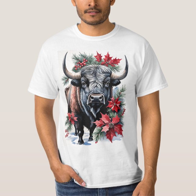 T-shirt Christmas Bison With Big Horns And Poinsettias (Devant)