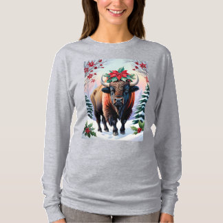 T-shirt Christmas Bison With Big Horns Snow & Poinsettias