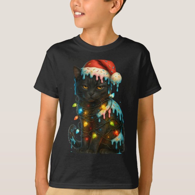 T-shirt Christmas Black Cat Ice Cream Drip Santa Hat Cute  (Devant)