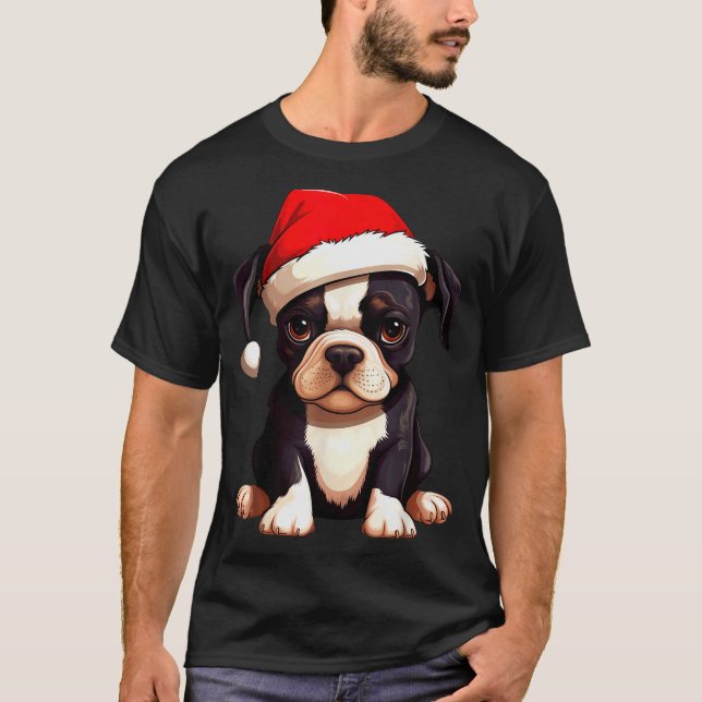 T-shirt Christmas Boston Terrier Dog Santa Hat Funny Xmas  (Devant)