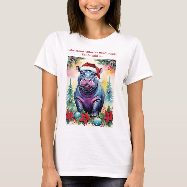 T-shirt Christmas Calories Funny Pastel Santa Hippo (Devant)