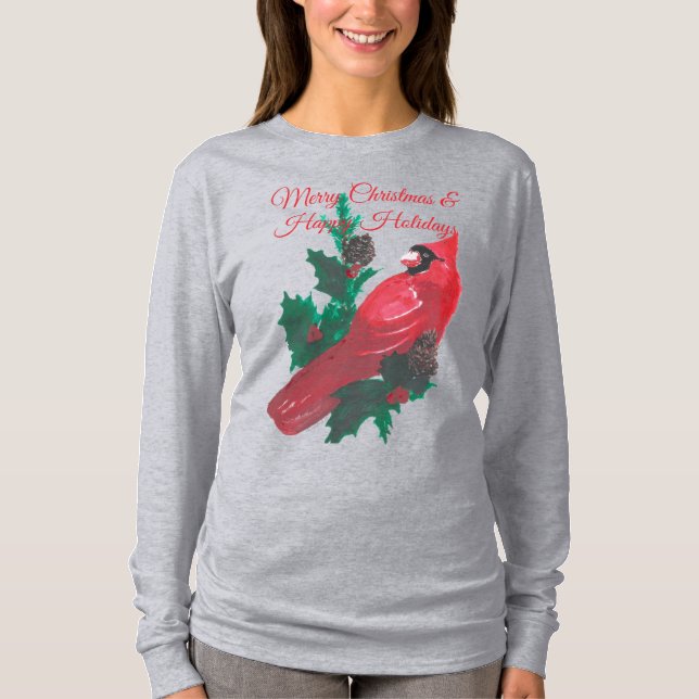 T-shirt Christmas Cardinal Holly & Berries Long Sleeve Tee (Devant)
