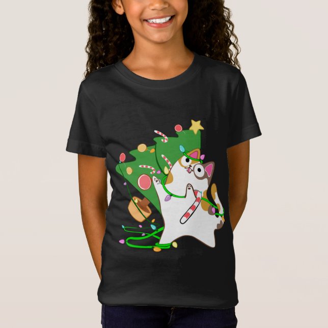 T-Shirt Christmas Cat Calico frappe sur xmas tree kitty cu (Devant)