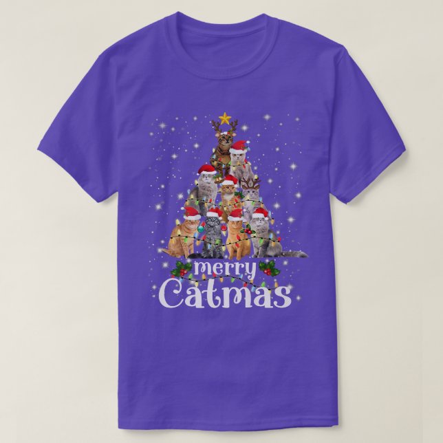 T-shirt Christmas Cat Tree with Santa Hat Merry Catmas Fun (Design devant)