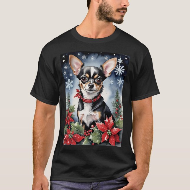 T-shirt Christmas Chihuahua With Poinsettias & Snowflakes (Devant)