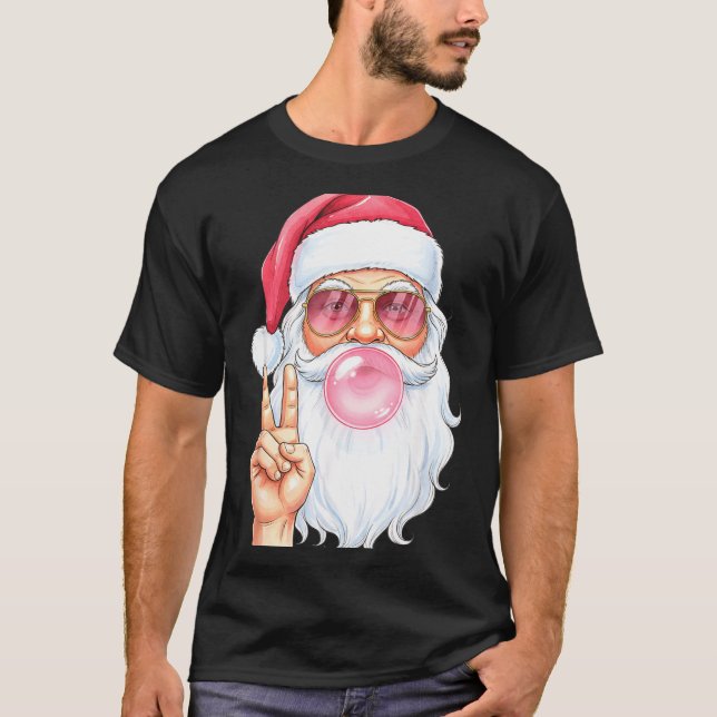 T-shirt Christmas Cool Santa Bubble Gum Peace Sign Retro S (Devant)