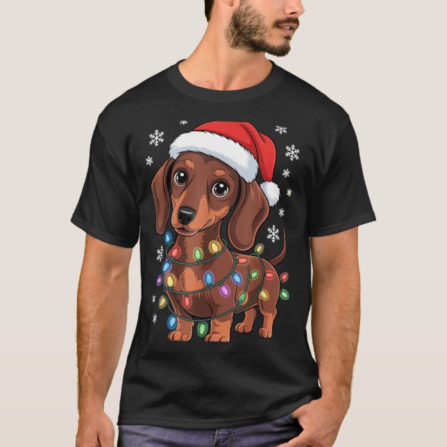 T-shirt Christmas Dachshund Lights Santa Hat Holiday Dog L (Devant)