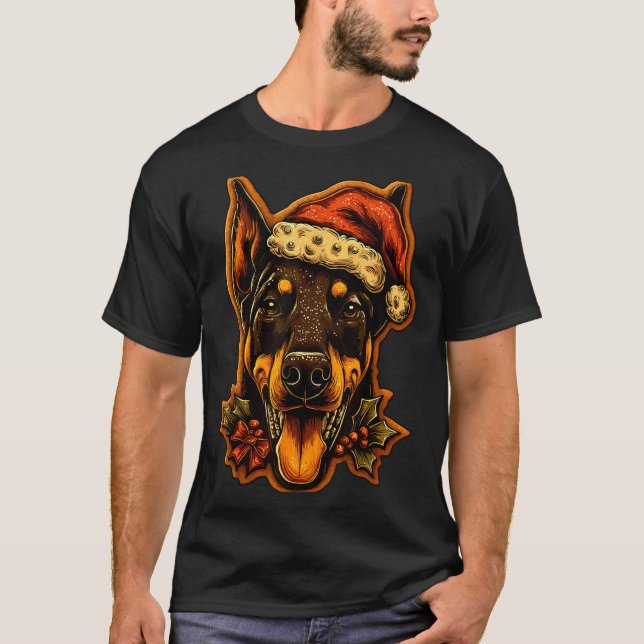 T-shirt Christmas Doberman Dog With Santa Hat Gingerbread  (Devant)