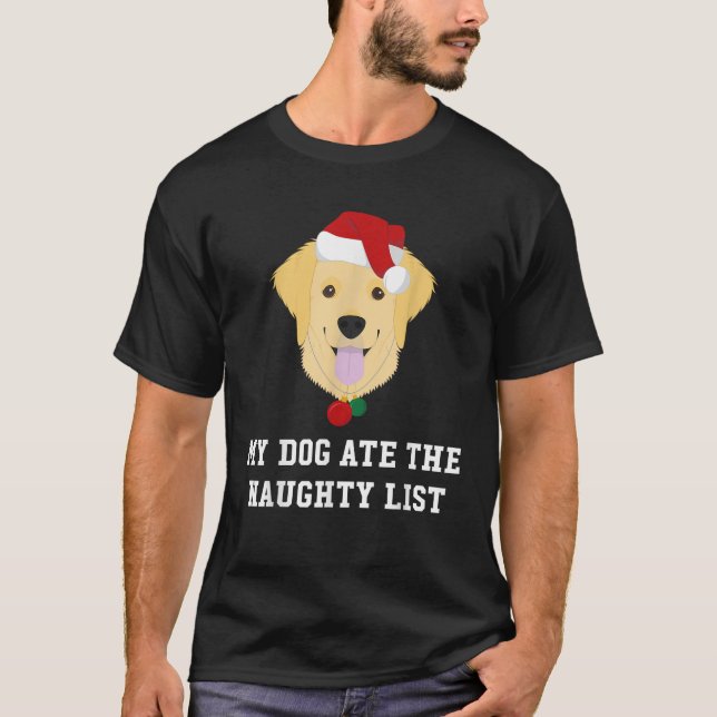 T-shirt Christmas Dog Golden Retriever Naughty Lis (Devant)
