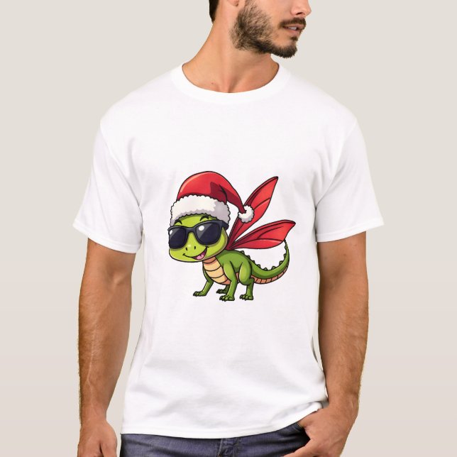 T-shirt Christmas Dragonfly Santa Hat Funny Xmas Kids (Devant)
