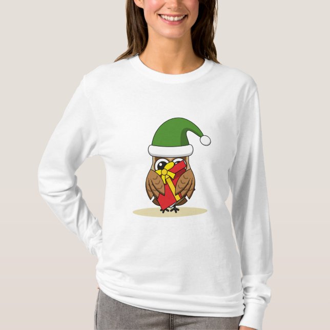 T-shirt Christmas Elf Owl with Present (Devant)