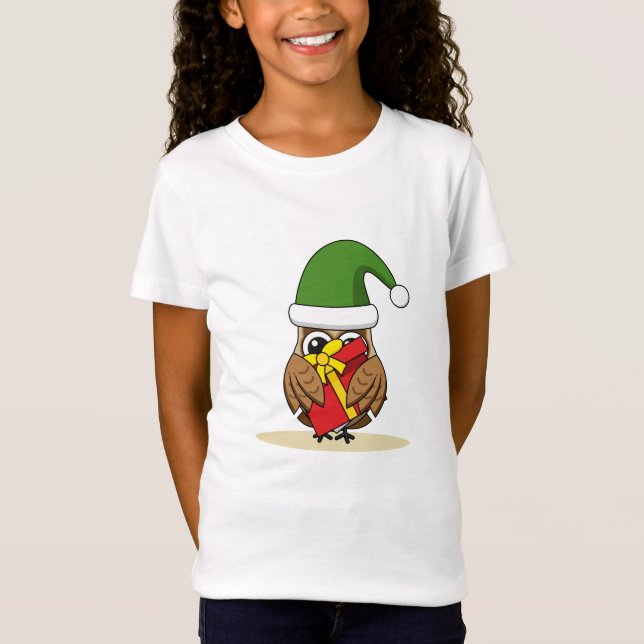 T-Shirt Christmas Elf Owl with Present (Devant)