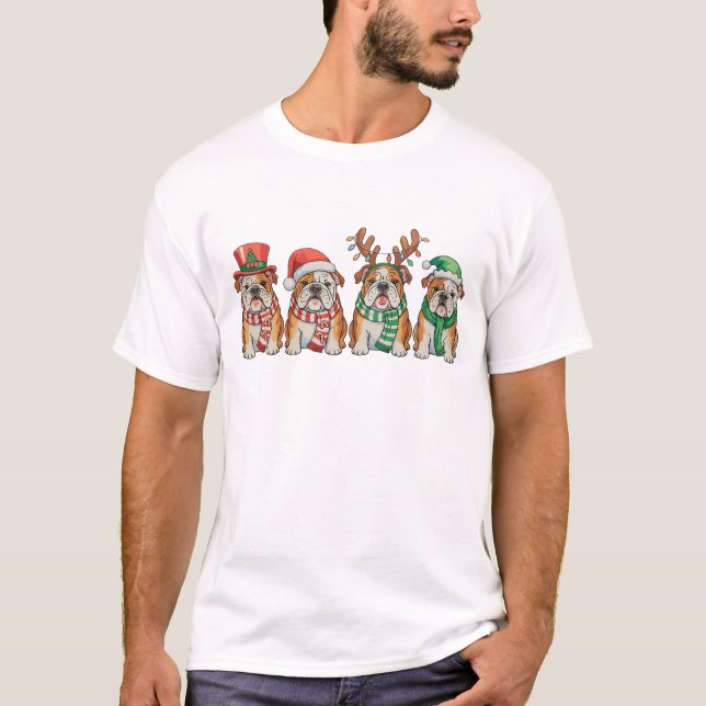 T-shirt Christmas English Bulldog Dog Santa Hat Reindeer (Devant)