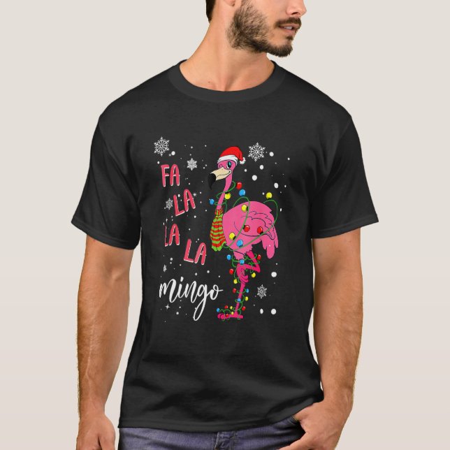 T-shirt Christmas Flamingo Santa Hat Xmas Lights Flamingo  (Devant)