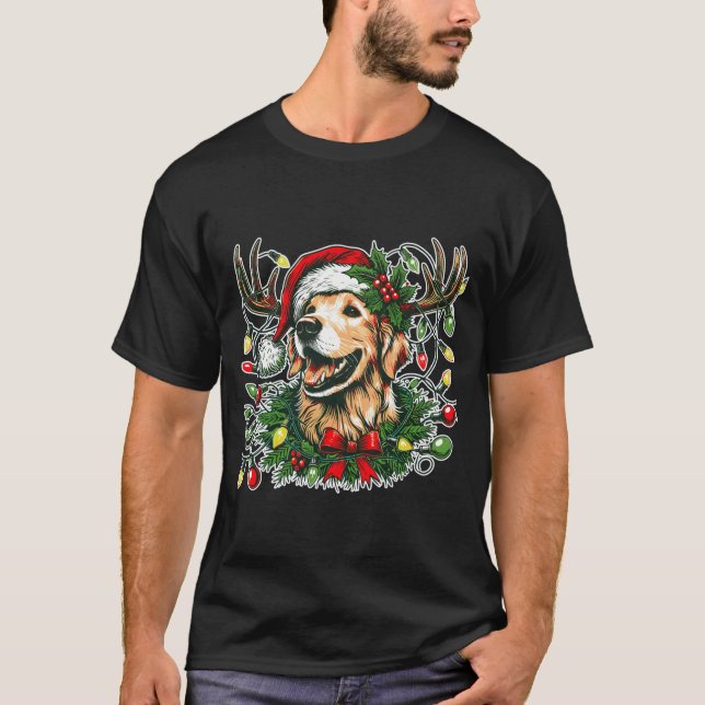 T-shirt Christmas Golden Retriever Antlers Santa Hat Long  (Devant)