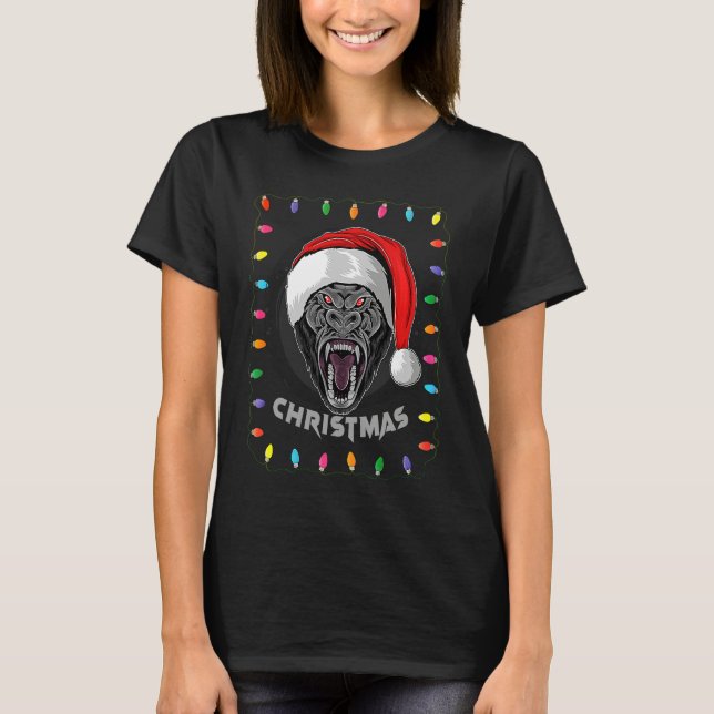 T-shirt Christmas Graphic Lights Holiday Gorilla Santa (Devant)