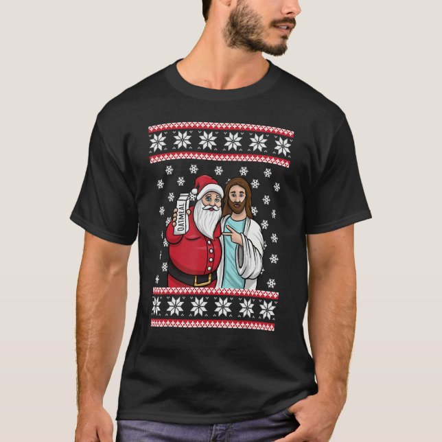 T-shirt Christmas Graphic Santa and Jesus Jingle Bros Oatm (Devant)