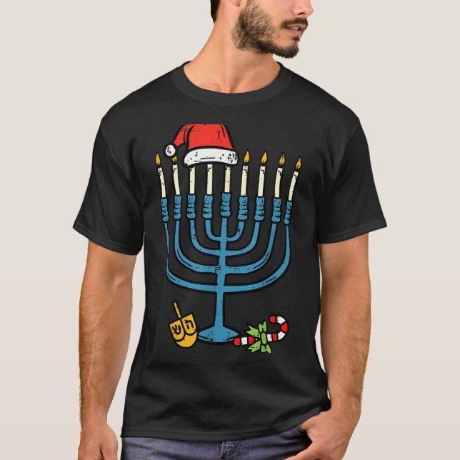 T-shirt Christmas Hat Menorah Jew Hanukkah Chanukah Men Wo (Devant)