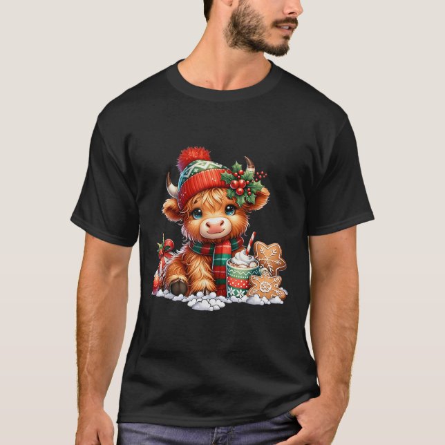 T-shirt Christmas Highland Cow Cute Heifer Cow Santa Hat M (Devant)