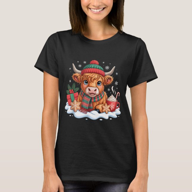 T-shirt Christmas Highland Cow Cute Heifer Cow Santa Hat M (Devant)