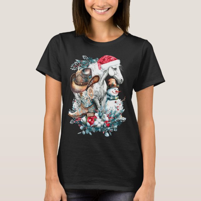 T-shirt Christmas Horse In Santa Hat Cowgirl Cowboy Boots  (Devant)