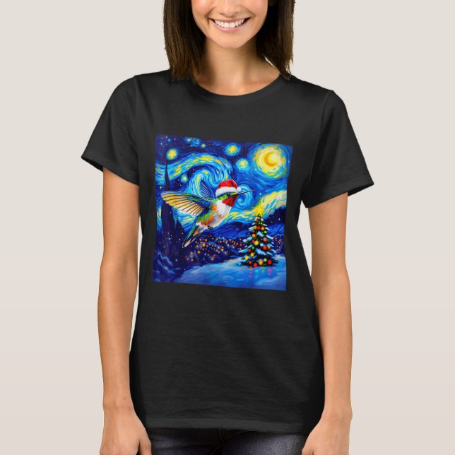 T-shirt Christmas Hummingbird Santa Hat Van Gogh Starry Ni (Devant)
