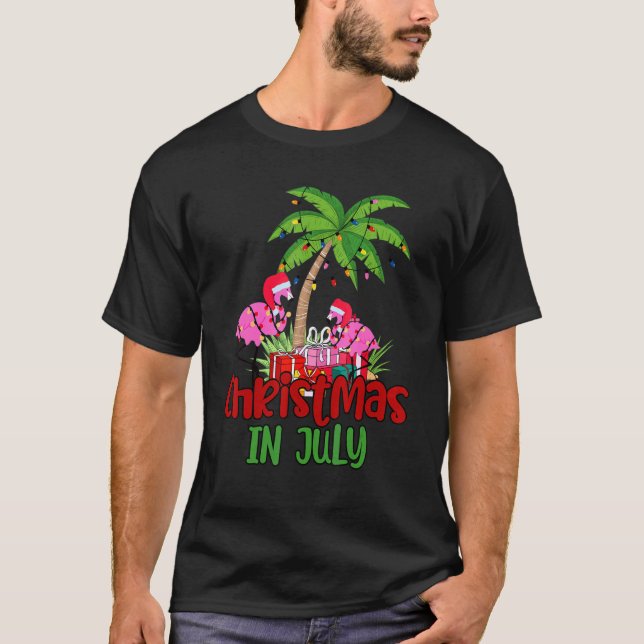T-shirt Christmas In July Flamingo Palm Tree 4th Of July (Devant)