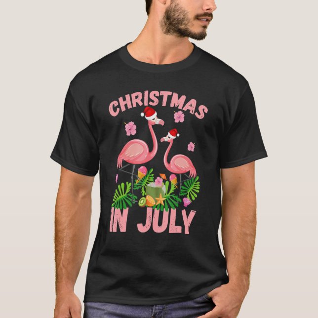 T-shirt Christmas in July Pink Flamingo Funny Xmas Men Wom (Devant)