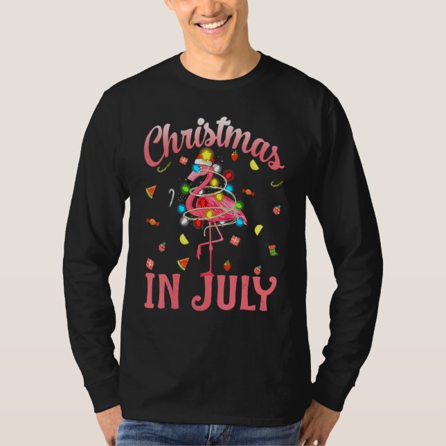 T-shirt Christmas In July Pink Flamingo Wearing Santa Hat (Devant)