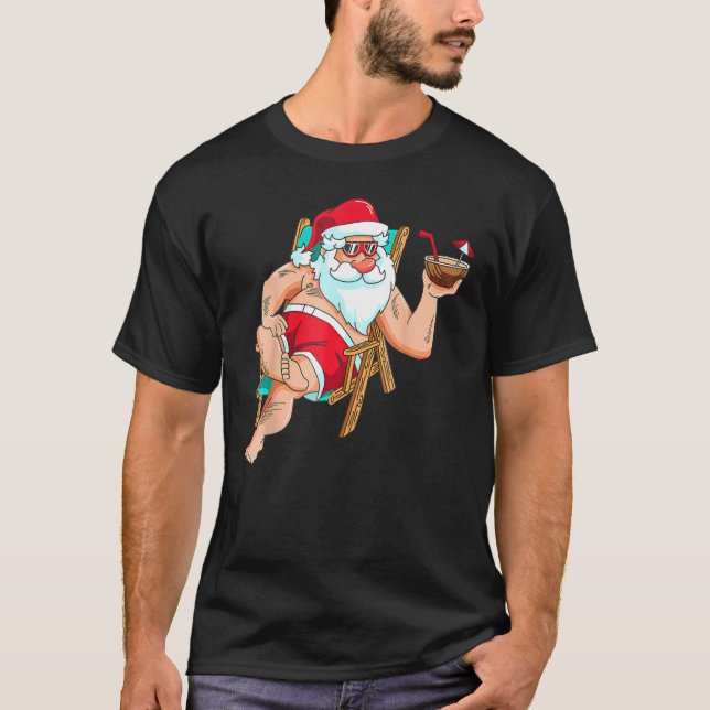 T-shirt Christmas in July Santa on Beach Independence Day (Devant)