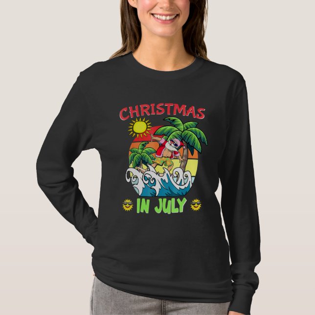 T-shirt Christmas In July  Santa Surfing Summer Beach Vaca (Devant)