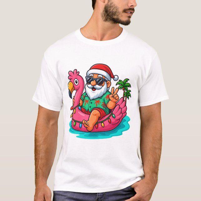 T-shirt Christmas In July Santa Swimming At Pool Flamingo  (Devant)