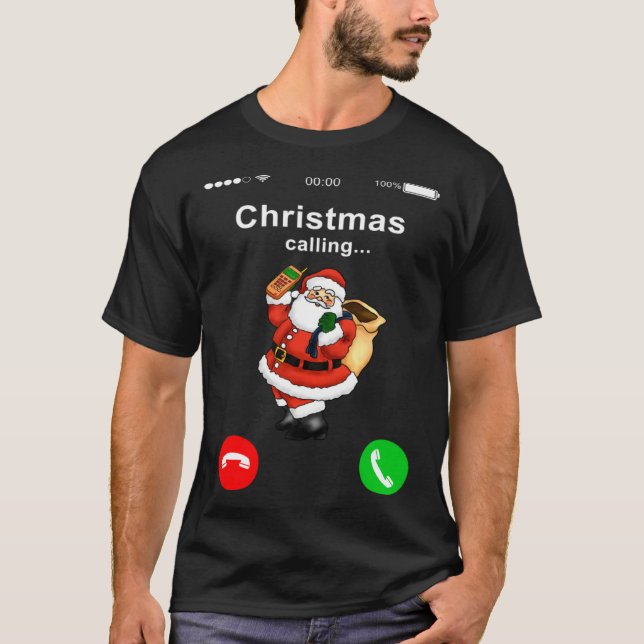T-shirt Christmas is Calling Santa Claus Mobile Phone Call (Devant)