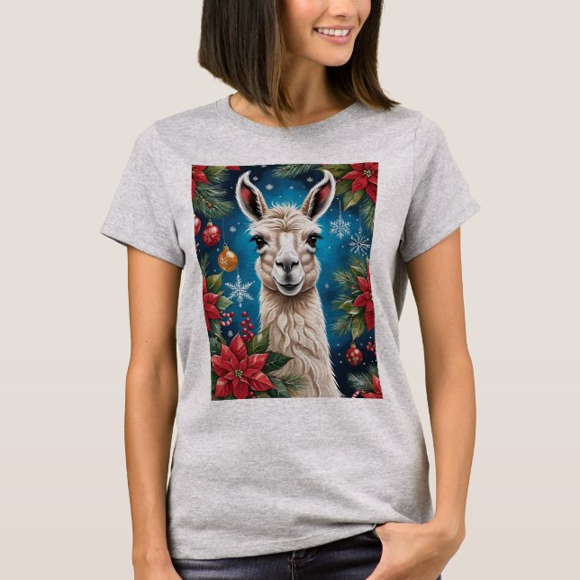 T-shirt Christmas Lama With Poinsettias & Ornaments (Devant)