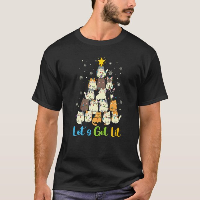 T-shirt Christmas Let's Get Lit Cats Christmas Tree Cat (Devant)