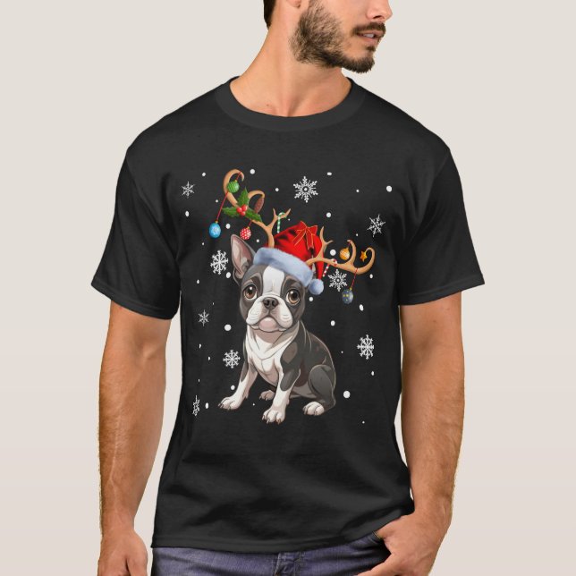 T-shirt Christmas Light Reindeer Santa Hat Boston Terrier  (Devant)