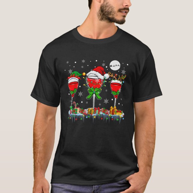 T-shirt Christmas Light Three Santa Reindeer Elf Wine Glas (Devant)