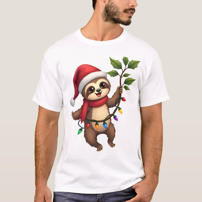 T-shirt Christmas Lights Sloth Wearing Xmas Hat - Sloth Lo (Devant)