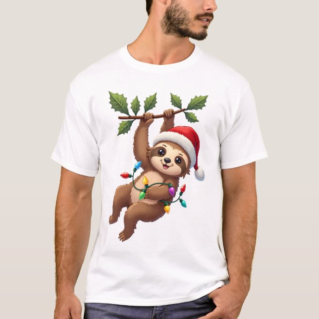 T-shirt Christmas Lights Sloth Wearing Xmas Hat - Sloth Lo (Devant)