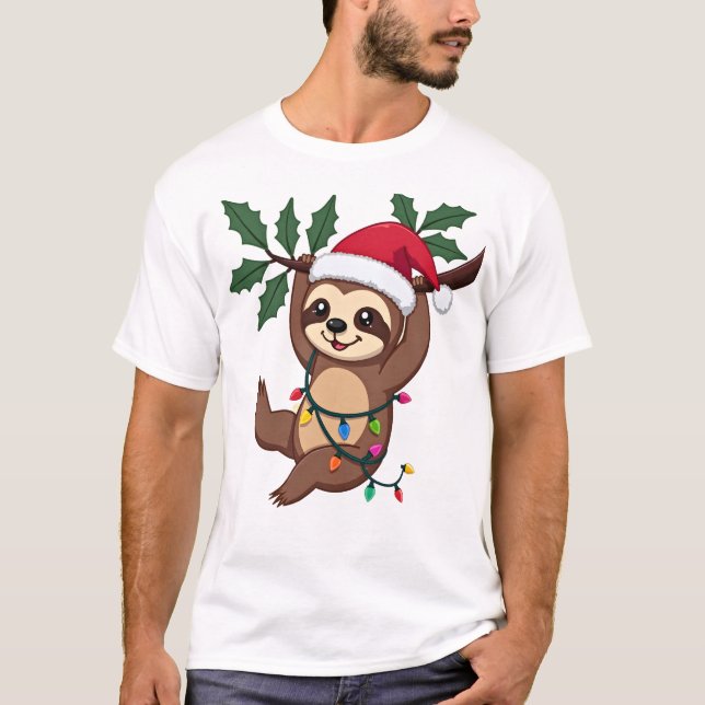 T-shirt Christmas Lights Sloth Wearing Xmas Hat - Sloth Lo (Devant)