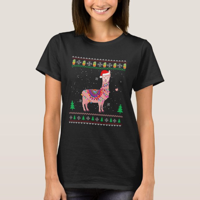T-shirt Christmas Llama Santa Hat Ugly Xmas Tree Alpaca (Devant)