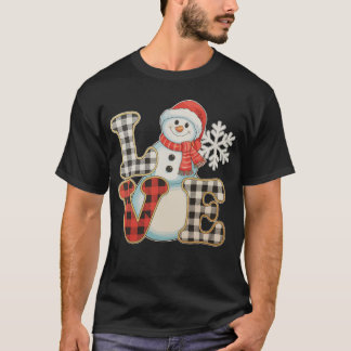T-shirt Christmas Love Cute Snowman Buffalo Plaid Winter