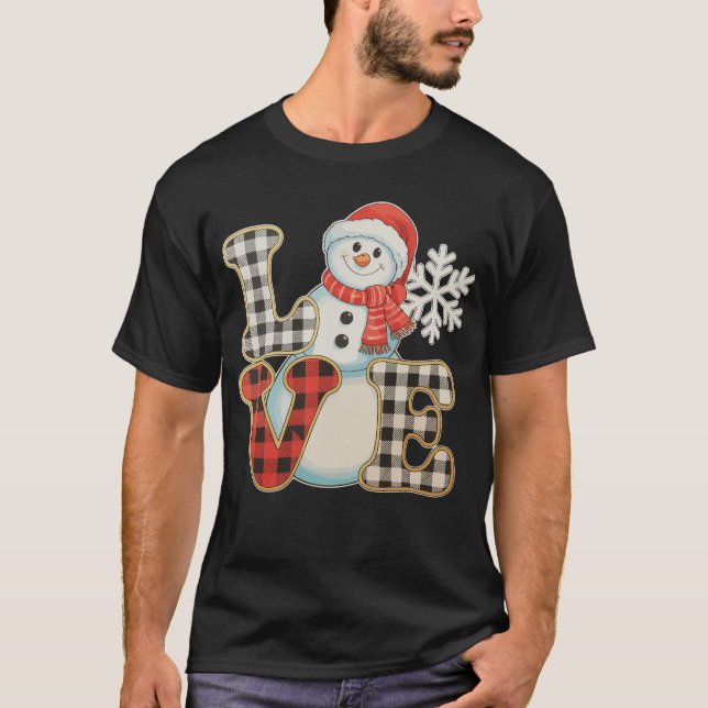 T-shirt Christmas Love Cute Snowman Buffalo Plaid Winter (Devant)
