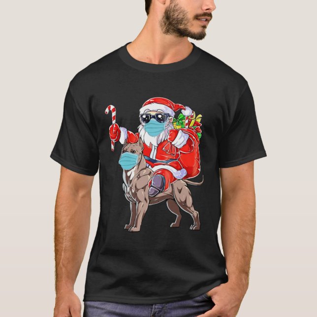 T-shirt Christmas Mask Santa Riding Pitbull Xmas Boys Dog (Devant)