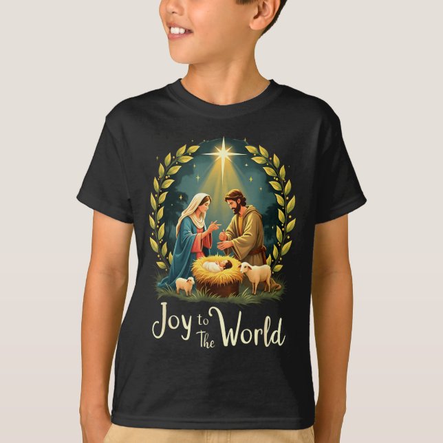 T-shirt Christmas Nativity Christian Birth Of Jesus Joy To (Devant)