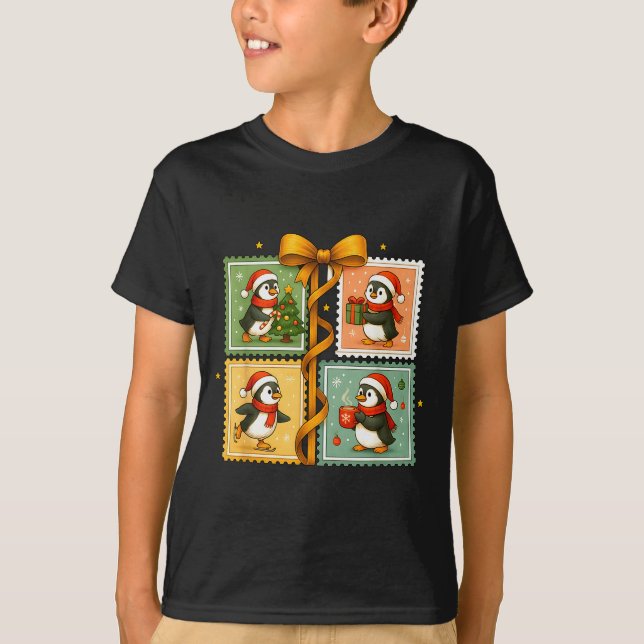 T-shirt Christmas Penguin Stamp Collage  (Devant)