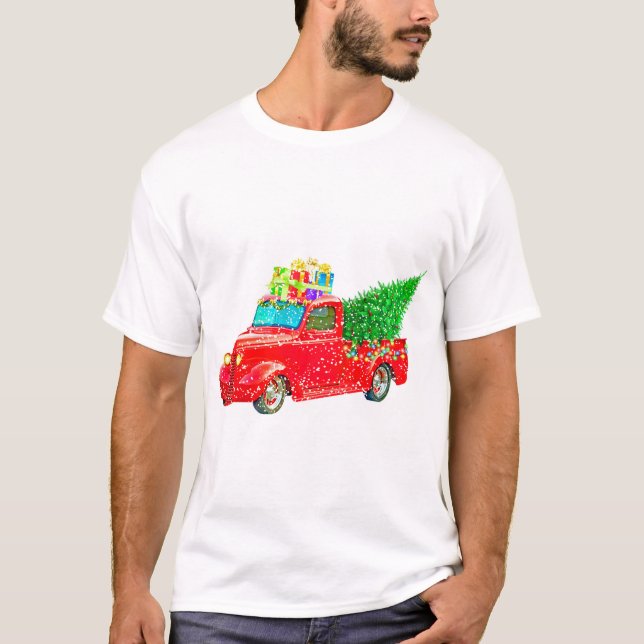 T-shirt Christmas red truck with a Christmas tree and veni (Devant)